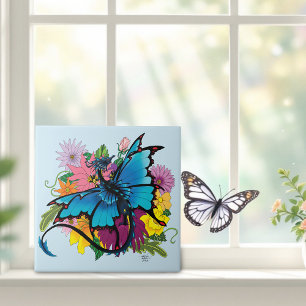 Dragon Blue Butterfly Flowers Kakelplatta