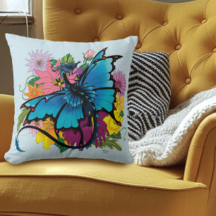 Dragon Blue Butterfly Flowers Kudde