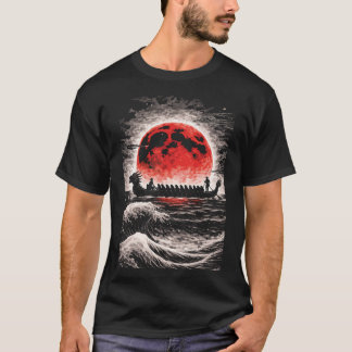 Dragon Boat Race Team Paddling In Red Moon Horizon T Shirt