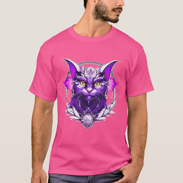 Dragon Cat Wizard - Black, White & Lila Fantasy T Shirt (Framsida)