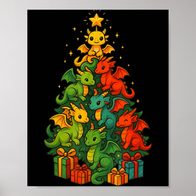 Dragon Christmas Tree Funny Dragon Xmas  Poster (Framsidan)