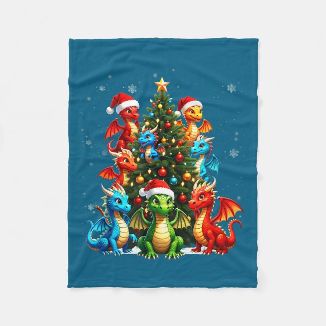Dragon Christmas Tree Squad Santa Hat Fantasy Myth Fleecefilt (Framsidan)