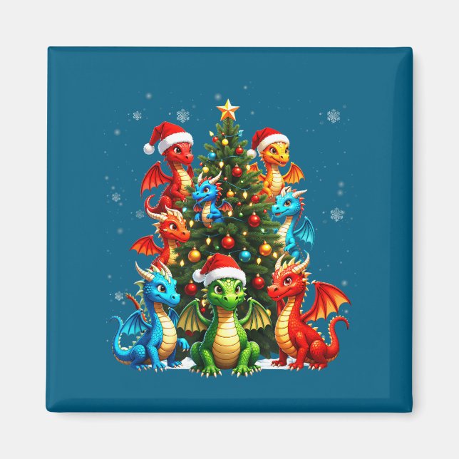 Dragon Christmas Tree Squad Santa Hat Fantasy Myth Magnet (Framsidan)