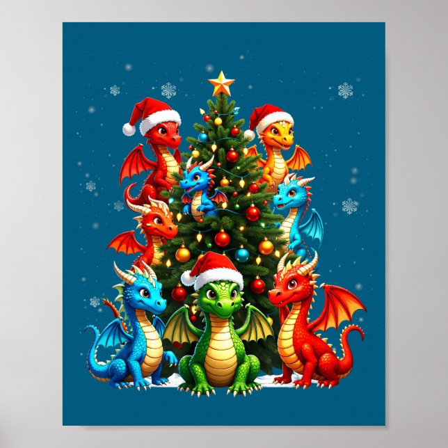 Dragon Christmas Tree Squad Santa Hat Fantasy Myth Poster (Framsidan)