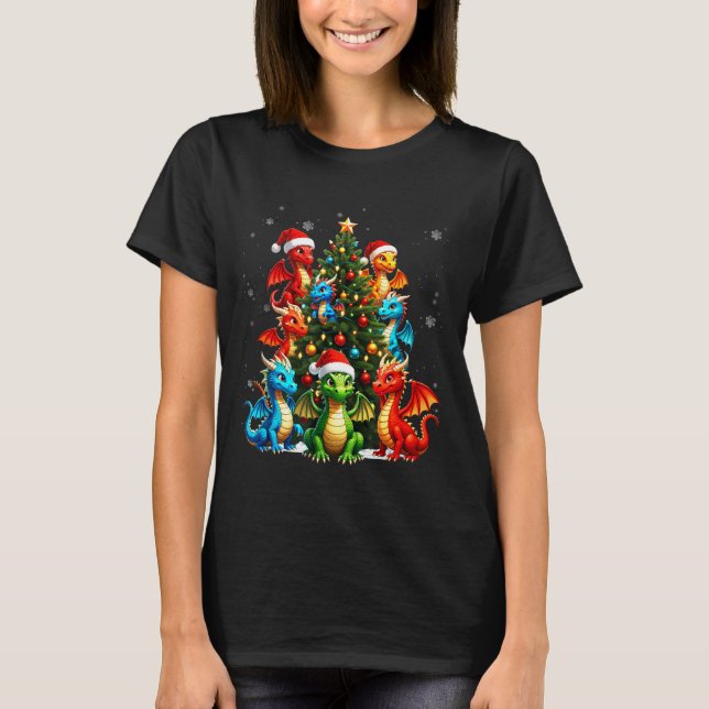 Dragon Christmas Tree Squad Santa Hat Fantasy Myth T Shirt (Framsida)