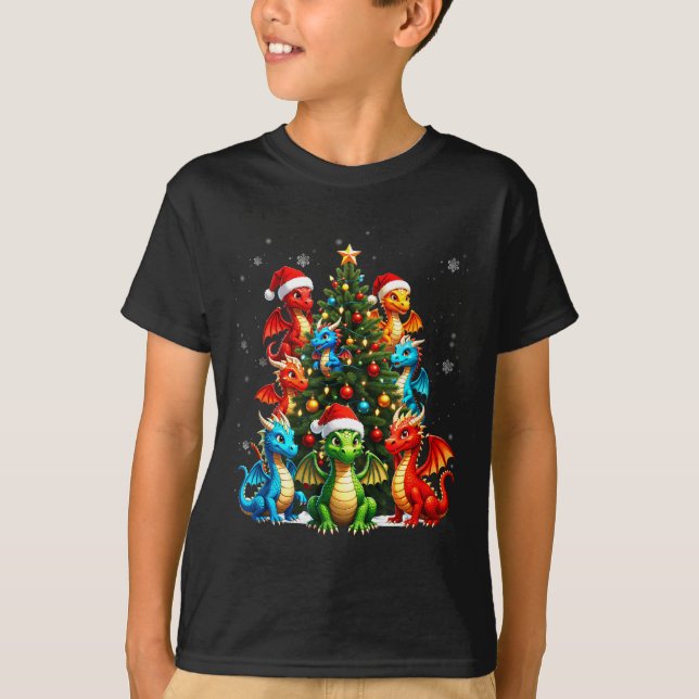 Dragon Christmas Tree Squad Santa Hat Fantasy Myth T Shirt (Framsida)