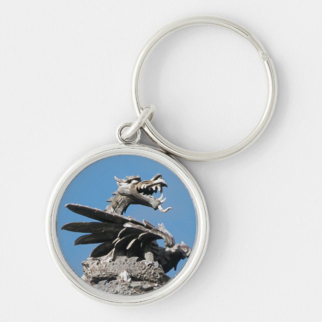 Dragon, City Hall Cardiff, Wales, UK Rund Silverfärgad Nyckelring (Framsidan)