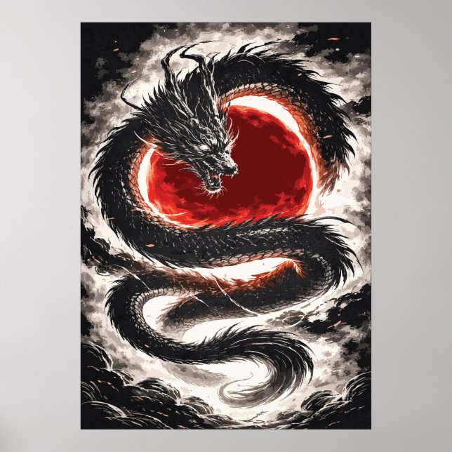Dragon Coil over a Red Eclipse - Japanese Art Poster (Framsidan)