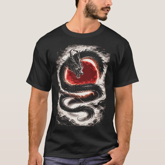 Dragon Coil over a Red Eclipse - Japanese Art T Shirt (Framsida)