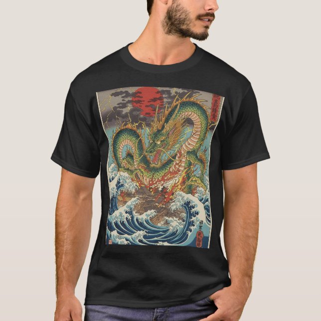 Dragon Crest in Crimson Sun Waves T Shirt (Framsida)