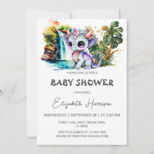 Dragon Cute Watercolor Girl Baby Shower Inbjudningar