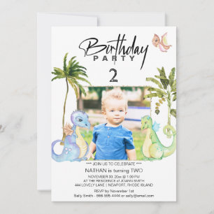 *~* Dragon Dinosaur 2 TWO AR21 Photo Birthday Inbjudningar