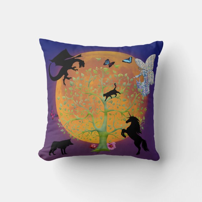 Dragon Fairy Unicorn Fantasy Träd och Full Moon Kudde (Framsida)