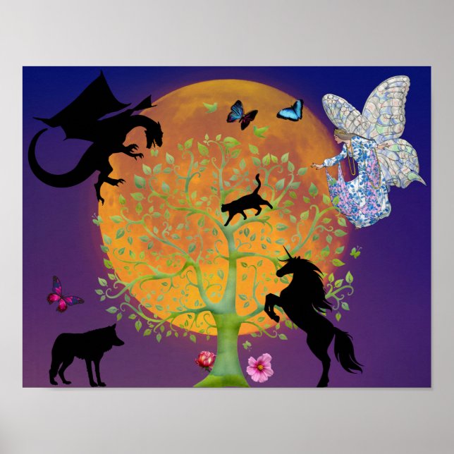 Dragon Fairy Unicorn Fantasy Träd och Full Moon Poster (Framsidan)