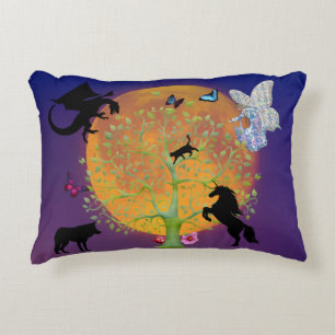 Dragon Fairy Unicorn Fantasy Träd och Full Moon T Prydnadskudde