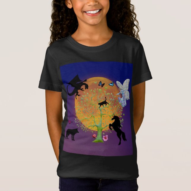Dragon Fairy Unicorn Magic Fantasy Träd & Måne T Shirt (Framsida)