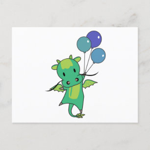 Dragon Flies with Balloons Cute Fantasy Dragon Vykort