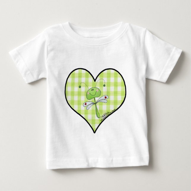 Dragon Fly in grönt gingham hjärta T Shirt (Framsida)
