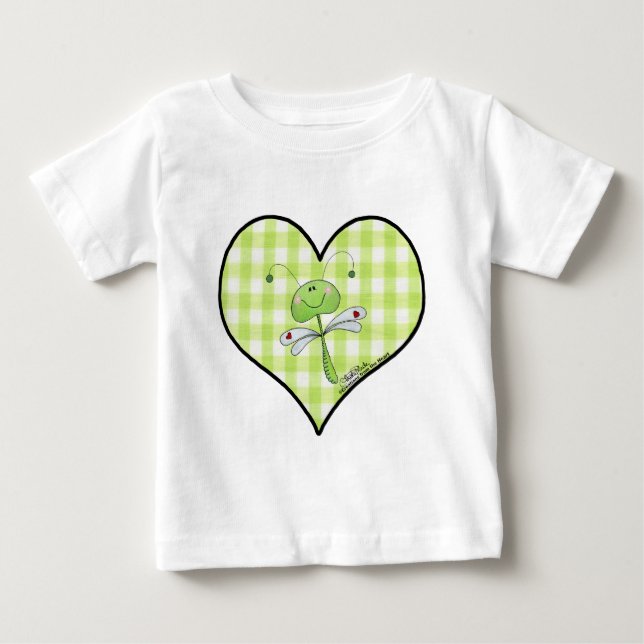Dragon Fly in grönt gingham hjärta Tee Shirt (Framsida)