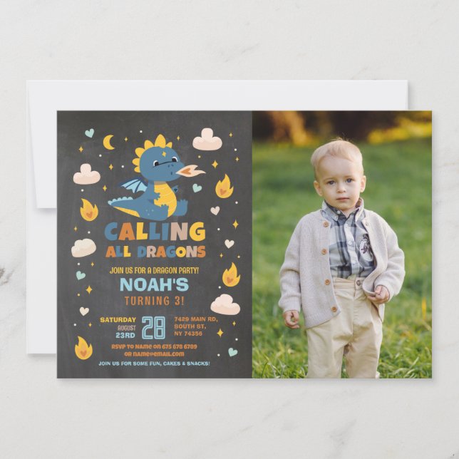 Dragon Födelsedagsfest Blue Photo Dragons Boy Chal Inbjudningar (Framsida)