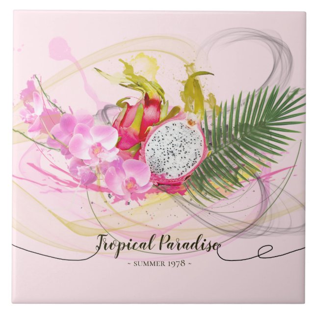 Dragon Fruit and Rosa Orchid Tropical Calligraphy Kakelplatta (Framsidan)