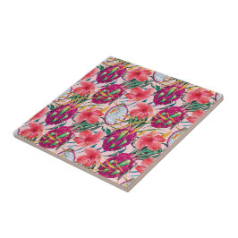 Dragon Fruit Tropical Floral Modern Green Palm Kakelplatta