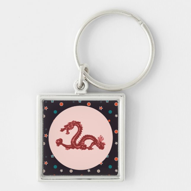Dragon Fyrkantig Silverfärgad Nyckelring (Framsidan)