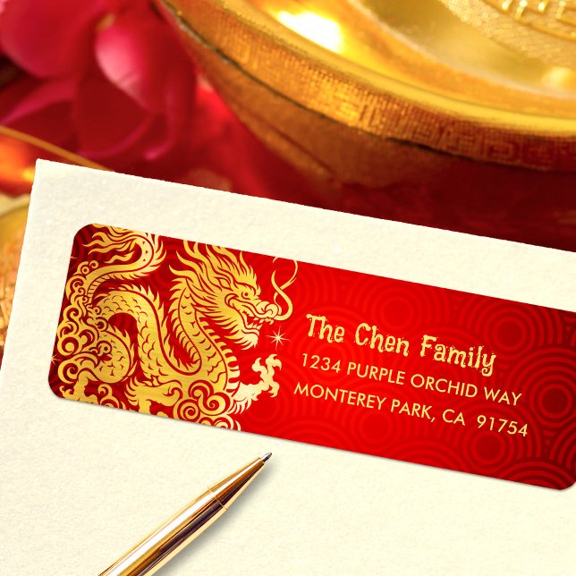 Dragon Gold Foil Chinese Lunar Nyår 2024 Red Returadress Etikett (LINK FOR 2025 YEAR OF THE SNAKE: https://www.zazzle.com/collections/119316095761799932)