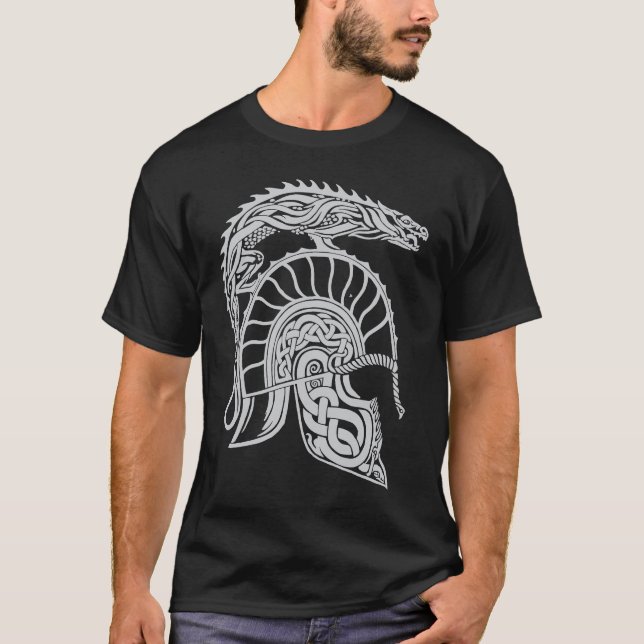 Dragon Helm High Fantasy Norse Celtic Viking Greek T Shirt (Framsida)