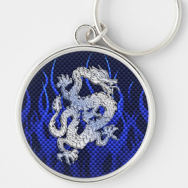 Dragon in Chrome som Blue Carbon Fiber Stil Rund Silverfärgad Nyckelring (Framsidan)