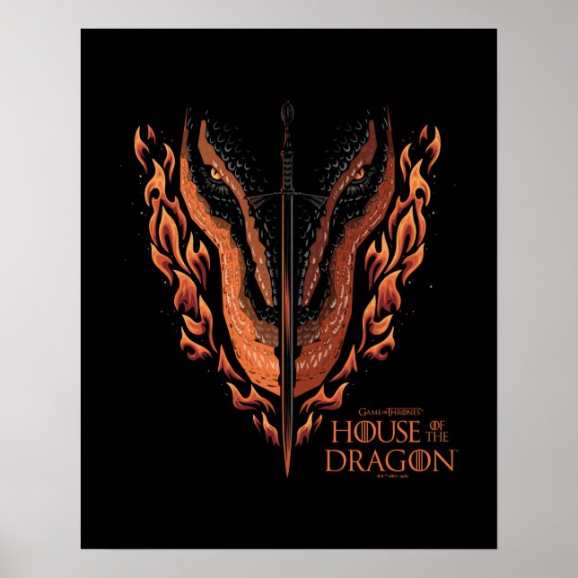 Dragon in Flames Behind Sword Poster (Framsidan)