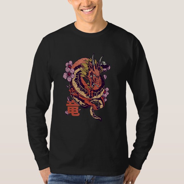 Dragon Japanese Chinese Sakura T Shirt (Framsida)