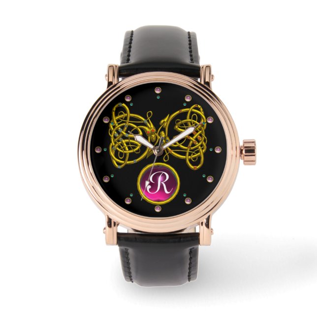 DRAGON KÄRLEK/ GULD CELTIC KNOTS GEMSTONE MONOGRAM ARMBANDSUR (Framsida)