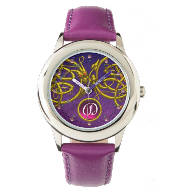 DRAGON KÄRLEK/ GULD CELTIC KNOTS GEMSTONE MONOGRAM ARMBANDSUR (Framsida)