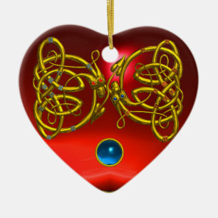 DRAGON KÄRLEK HEART Red Ruby och Blue Sapphire Julgransprydnad Keramik