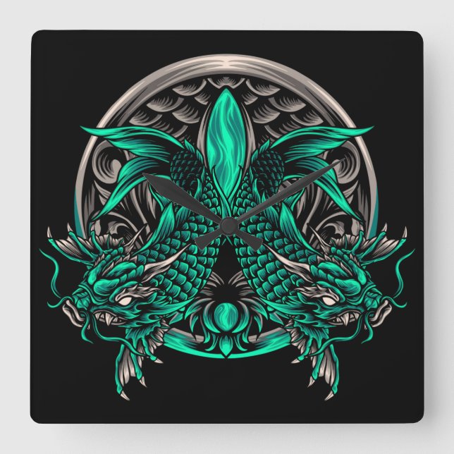 Dragon Koi Fish Fyrkantig Klocka (Framsida)