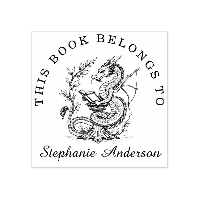 Dragon Läsa en bokskylt Bok Bibliotek Frimärke Stämpel (Tryck)