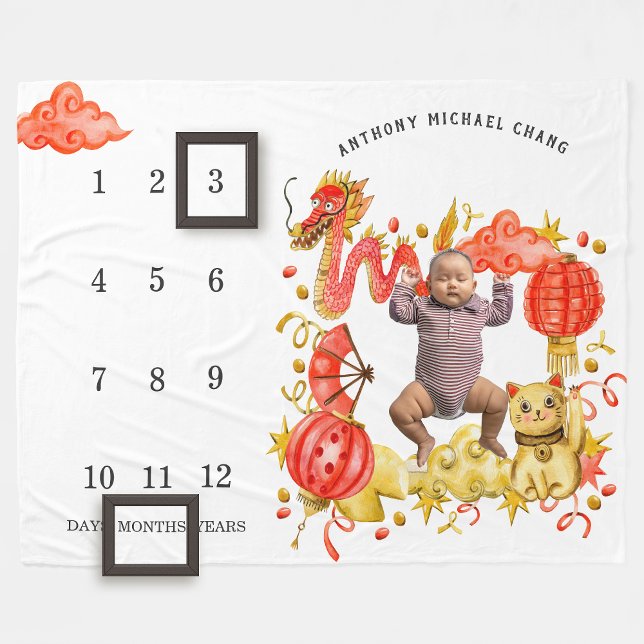 Dragon & Lucky Cat | Baby Milestone Blanket Fleecefilt (Skapare uppladdad)