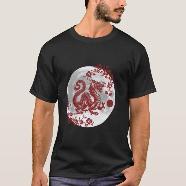 Dragon med Sakura och Full Moon T Shirt (Framsida)