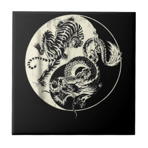 Dragon med tiger Tatto YIN och Yang Beast Fight Kakelplatta