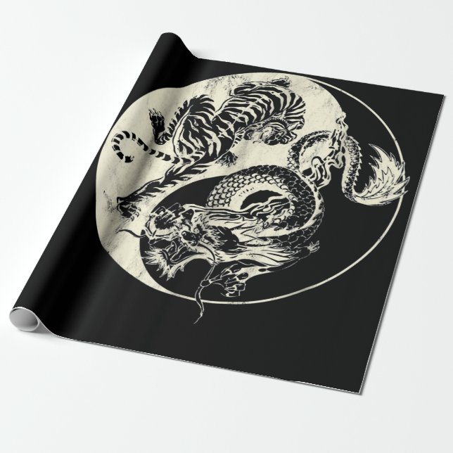 Dragon med tiger Tatto YIN och Yang Beast Fight Presentpapper (Utrullad)