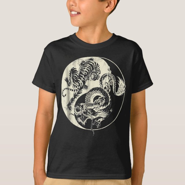 Dragon med tiger Tatto YIN och Yang Beast Fight T Shirt (Framsida)