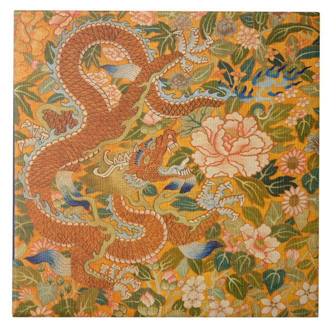 DRAGON MELLAN PEONIER,FLÖDEN,Blommigten GRÖNT LÖV Kakelplatta (Framsidan)