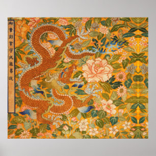 DRAGON MELLAN PEONIER,FLÖDEN,Blommigten GRÖNT LÖV Poster