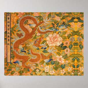 DRAGON MELLAN PEONIER,FLÖDEN,Blommigten GRÖNT LÖV Poster