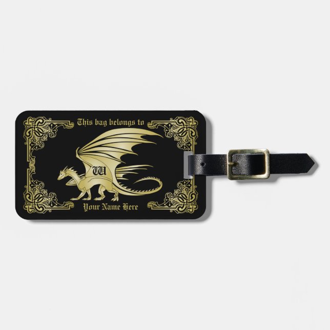 Dragon Monogram Guld, traditionell Bok Ram Bagagebricka (Horisontell Framsida)