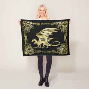 Dragon Monogram Guld, traditionell Bok Ram Fleecefilt