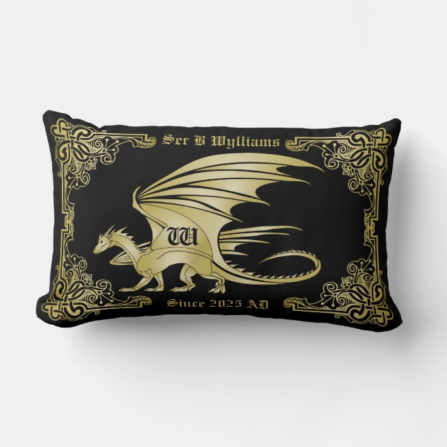 Dragon Monogram Guld, traditionell Bok Ram Lumbarkudde (Framsida)