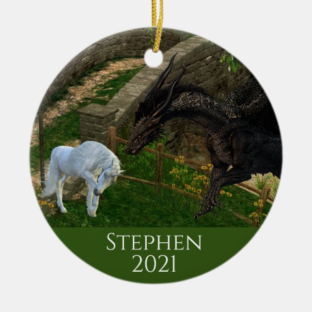 Dragon möter Unicorn Fantasy Julgransprydnad Keramik (Framsidan)