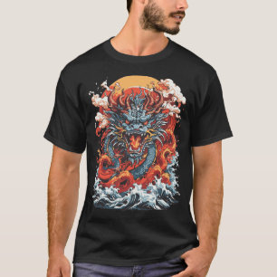 Dragon Ocean 2 Japansk Stil Black T Shirt